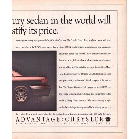 1993 Chrysler Concorde Luxury Sedan 2 Page Vintage Print Ad Wall Art Decor - Picture 3 of 3
